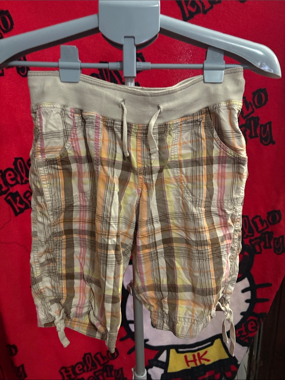 Arizona Jean Company Plaid Drawstring Kids Shorts - Beige, Brown & Pink